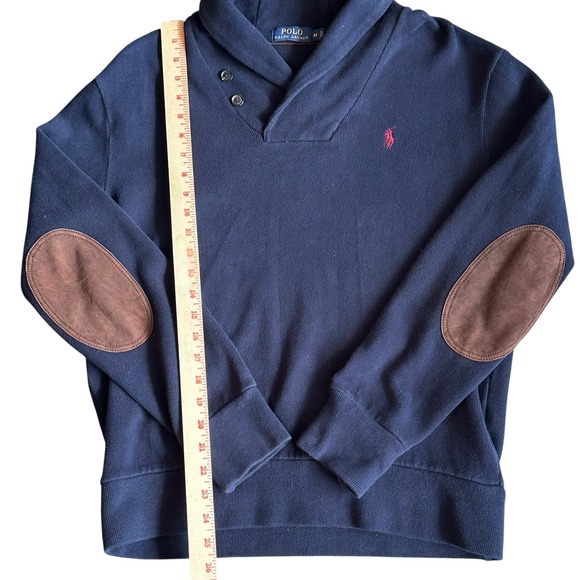Polo Ralph Lauren Sweater Men's Medium Navy Shawl‎ Collar Pullover Elbow Patches - Picture 4 of 11